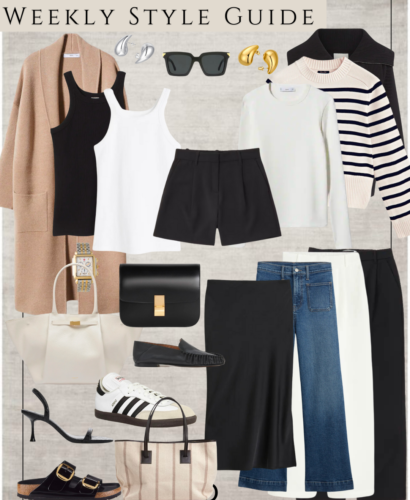 "Collage of Weekly Minimalist Outfits" is an image that shows a grid of seven minimalist outfits, one for each day of the week. Each outfit features simple, classic pieces in neutral colors such as black, white, and beige. The outfits are styled with minimal accessories and the overall look is clean and streamlined. The image is a visual representation of how to create a minimalist wardrobe with versatile pieces that can be mixed and matched to create multiple outfits.