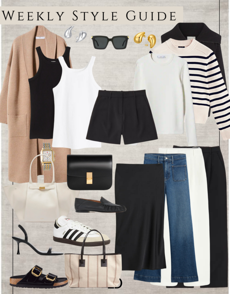 "Collage of Weekly Minimalist Outfits" is an image that shows a grid of seven minimalist outfits, one for each day of the week. Each outfit features simple, classic pieces in neutral colors such as black, white, and beige. The outfits are styled with minimal accessories and the overall look is clean and streamlined. The image is a visual representation of how to create a minimalist wardrobe with versatile pieces that can be mixed and matched to create multiple outfits.