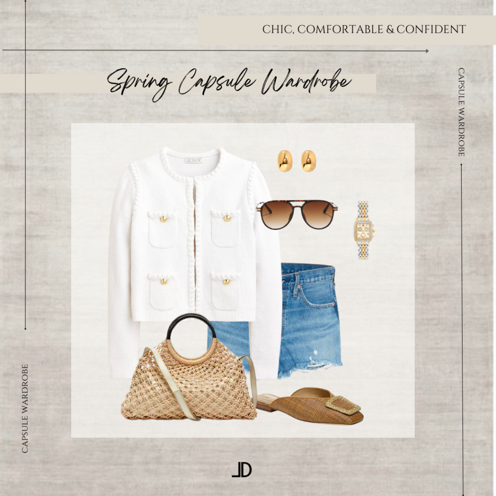 "An image of a women's spring capsule wardrobe featuring a collection of versatile and minimalistic clothing items. The wardrobe includes a mix of neutral and pastel colors with essential pieces like a denim jacket, white t-shirt, striped shirt, midi dress, and light-wash jeans. The items are coordinated to allow for easy mixing and matching, and the overall look is both functional and stylish. The capsule wardrobe promotes sustainability and simplicity by emphasizing the use of high-quality, long-lasting basics.