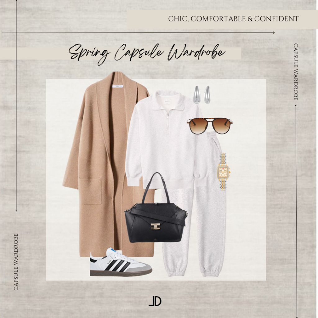 "An image of a women's spring capsule wardrobe featuring a collection of versatile and minimalistic clothing items. The wardrobe includes a mix of neutral and pastel colors with essential pieces like a denim jacket, white t-shirt, striped shirt, midi dress, and light-wash jeans. The items are coordinated to allow for easy mixing and matching, and the overall look is both functional and stylish. The capsule wardrobe promotes sustainability and simplicity by emphasizing the use of high-quality, long-lasting basics.