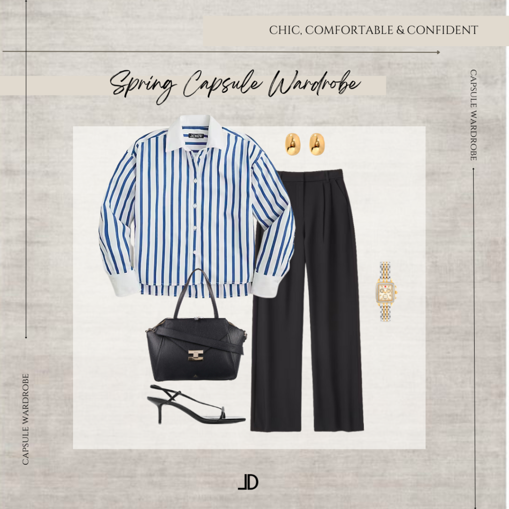 "An image of a women's spring capsule wardrobe featuring a collection of versatile and minimalistic clothing items. The wardrobe includes a mix of neutral and pastel colors with essential pieces like a denim jacket, white t-shirt, striped shirt, midi dress, and light-wash jeans. The items are coordinated to allow for easy mixing and matching, and the overall look is both functional and stylish. The capsule wardrobe promotes sustainability and simplicity by emphasizing the use of high-quality, long-lasting basics.