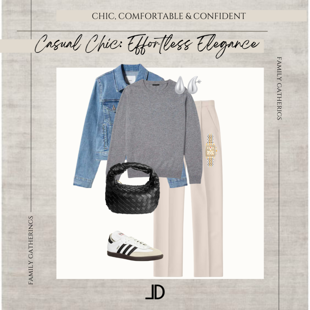 image of casual chic outfit for family gathering. Outfit includes denim jacket, gray cashmere sweater, Bottega Bag, trousers and Adidas Samba sneakers.