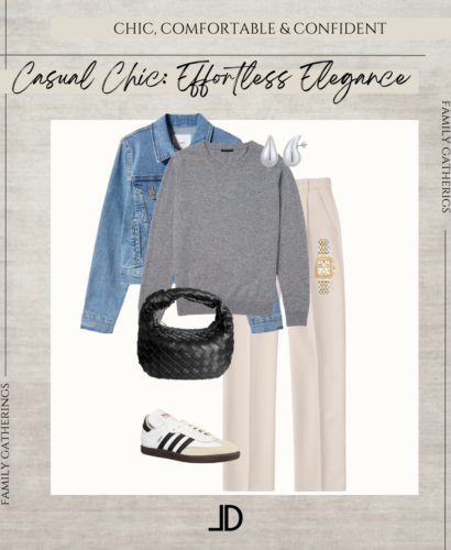 image of casual chic outfit for family gathering. Outfit includes denim jacket, gray cashmere sweater, Bottega Bag, trousers and Adidas Samba sneakers.