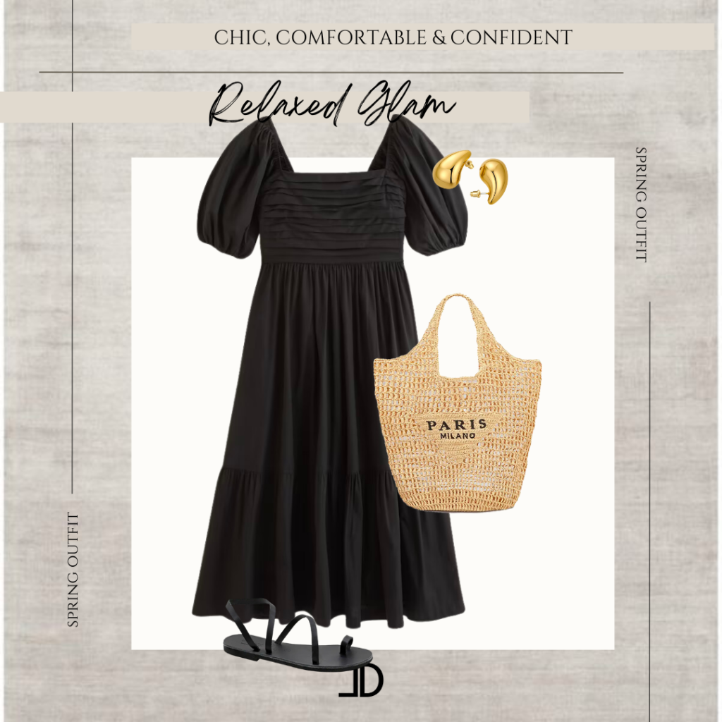 image of black maxi dress, straw bag, black greek sandals and gold tear drop earrings.