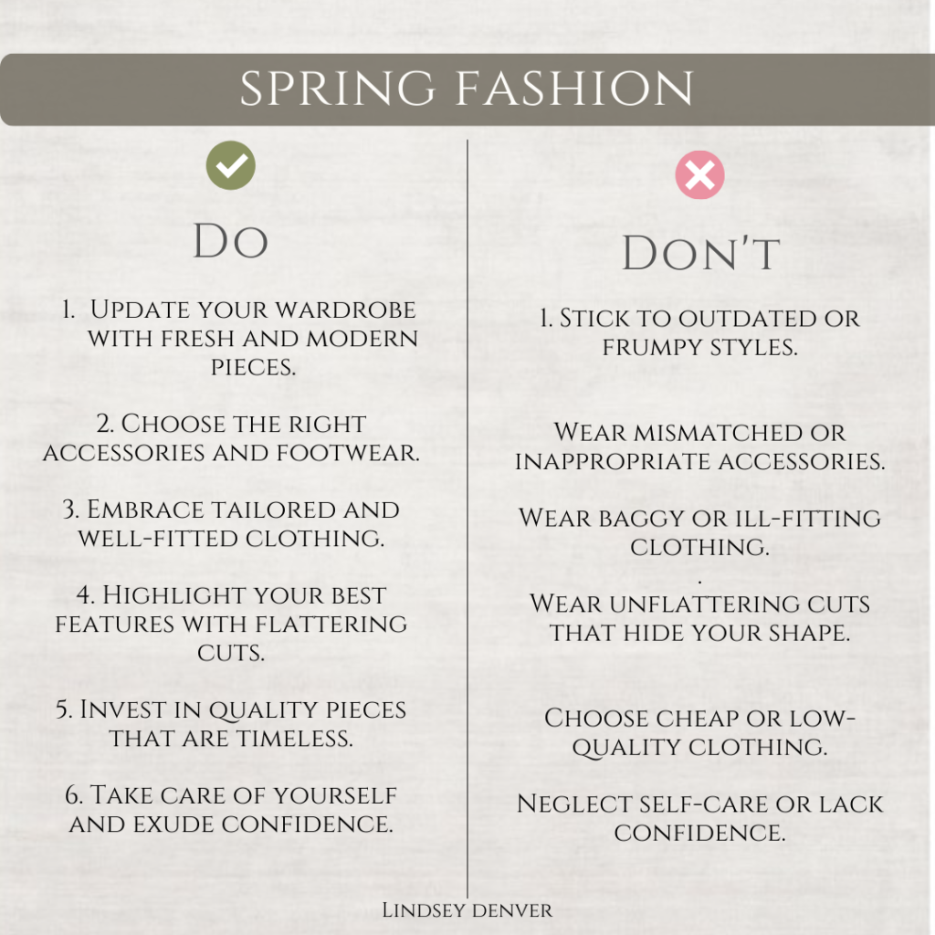 "Do's and Don'ts of Spring Fashion. In the 'Do's' column, a model in a pastel-colored floral midi dress with a denim jacket and ankle boots. In the 'Don'ts' column, a model in an oversized T-shirt, tight shorts, and flip-flops with socks, lacking style and polish."