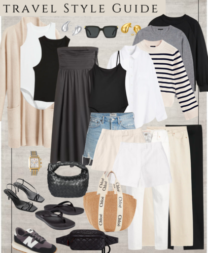 A collage of minimalist vacation outfits. The collage features a carefully curated selection of clothing items, including a white linen button-up shirt, high-waisted black trousers, a beige oversized cardigan, a straw hat, a simple gold necklace, white sneakers, and a small brown leather crossbody bag. The outfits exude a sense of simplicity and elegance, showcasing the versatility and timeless appeal of minimalist fashion for vacation attire.