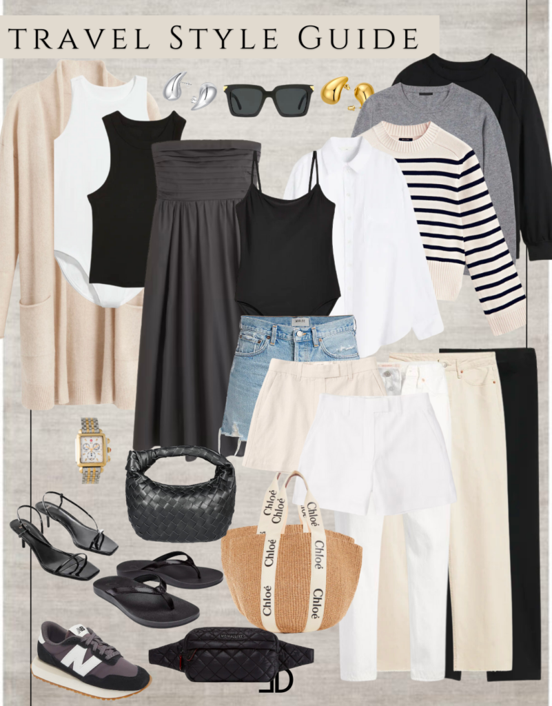 A collage of minimalist vacation outfits. The collage features a carefully curated selection of clothing items, including a white linen button-up shirt, high-waisted black trousers, a beige oversized cardigan, a straw hat, a simple gold necklace, white sneakers, and a small brown leather crossbody bag. The outfits exude a sense of simplicity and elegance, showcasing the versatility and timeless appeal of minimalist fashion for vacation attire.