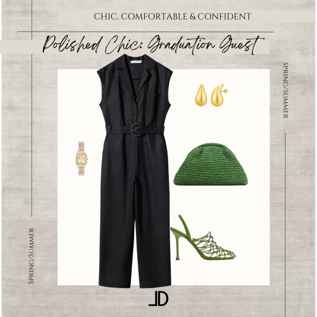 Five chic and stylish outfits perfect for graduation guests, featuring trendy dresses, jumpsuits, and accessories in various colors and styles.