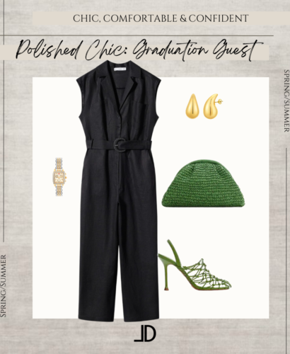 Five chic and stylish outfits perfect for graduation guests, featuring trendy dresses, jumpsuits, and accessories in various colors and styles.