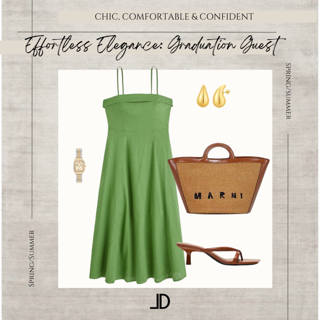 Five chic and stylish outfits perfect for graduation guests, featuring trendy dresses, jumpsuits, and accessories in various colors and styles.