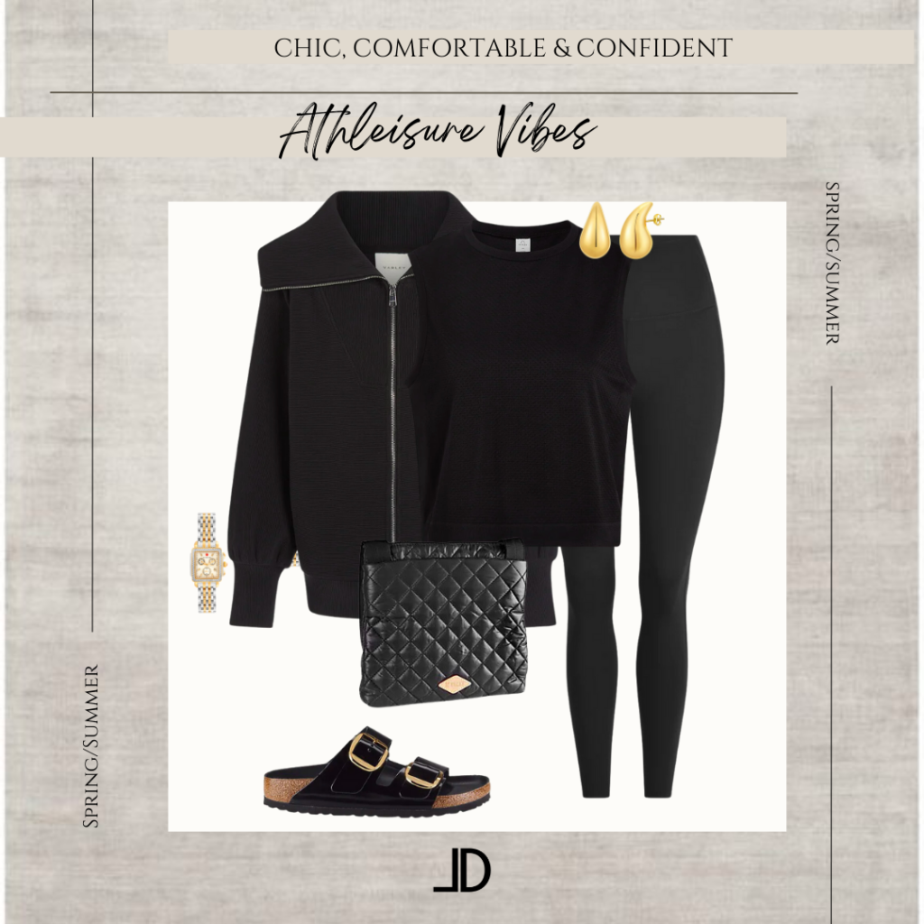 Image of athleisure wear outfit that included Varley jacket, tank and leggings with patent leather Birkenstocks.