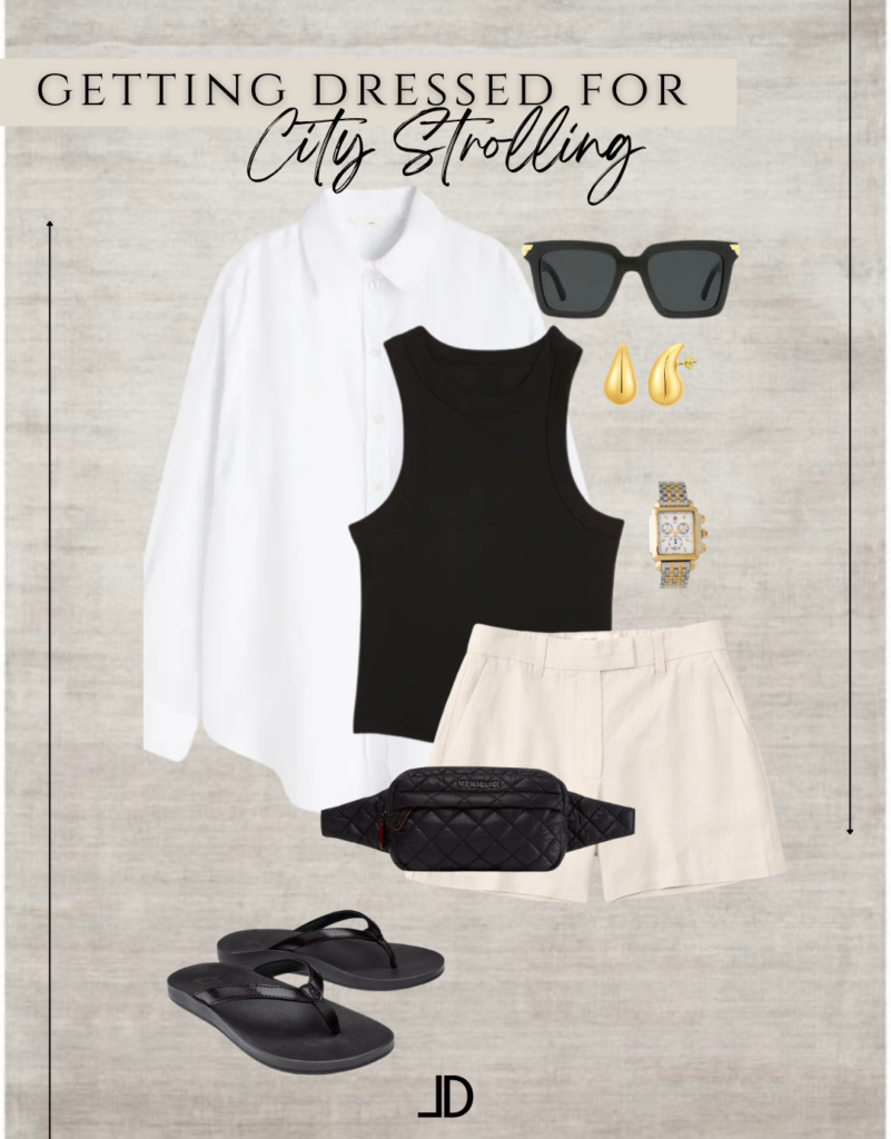 A collage of minimalist vacation outfits. The collage features a carefully curated selection of clothing items, including a white linen button-up shirt, high-waisted black trousers, a beige oversized cardigan, a straw hat, a simple gold necklace, white sneakers, and a small brown leather crossbody bag. The outfits exude a sense of simplicity and elegance, showcasing the versatility and timeless appeal of minimalist fashion for vacation attire.