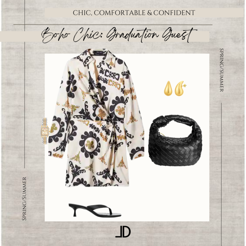 Five chic and stylish outfits perfect for graduation guests, featuring trendy dresses, jumpsuits, and accessories in various colors and styles.