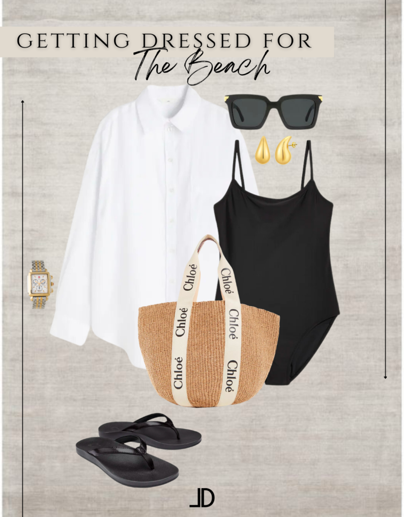 A collage of minimalist vacation outfits. The collage features a carefully curated selection of clothing items, including a white linen button-up shirt, high-waisted black trousers, a beige oversized cardigan, a straw hat, a simple gold necklace, white sneakers, and a small brown leather crossbody bag. The outfits exude a sense of simplicity and elegance, showcasing the versatility and timeless appeal of minimalist fashion for vacation attire.