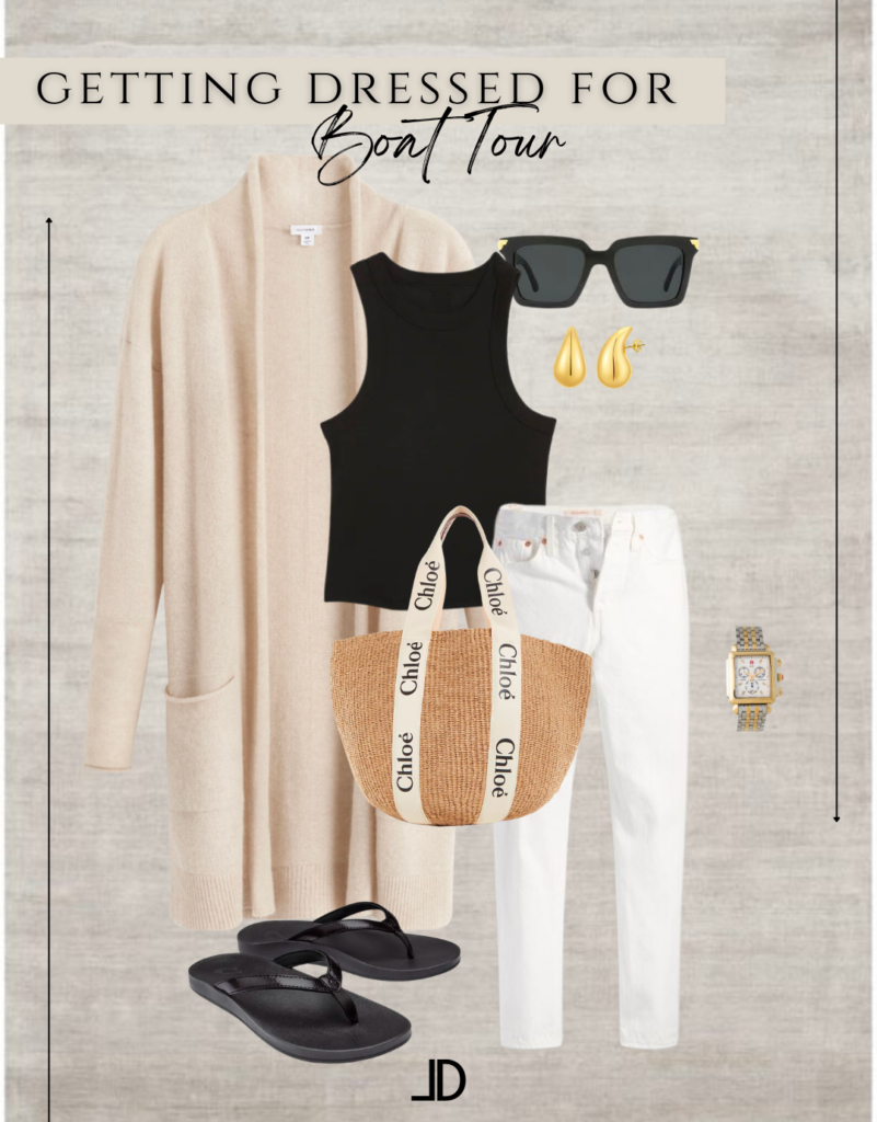 A collage of minimalist vacation outfits. The collage features a carefully curated selection of clothing items, including a white linen button-up shirt, high-waisted black trousers, a beige oversized cardigan, a straw hat, a simple gold necklace, white sneakers, and a small brown leather crossbody bag. The outfits exude a sense of simplicity and elegance, showcasing the versatility and timeless appeal of minimalist fashion for vacation attire.