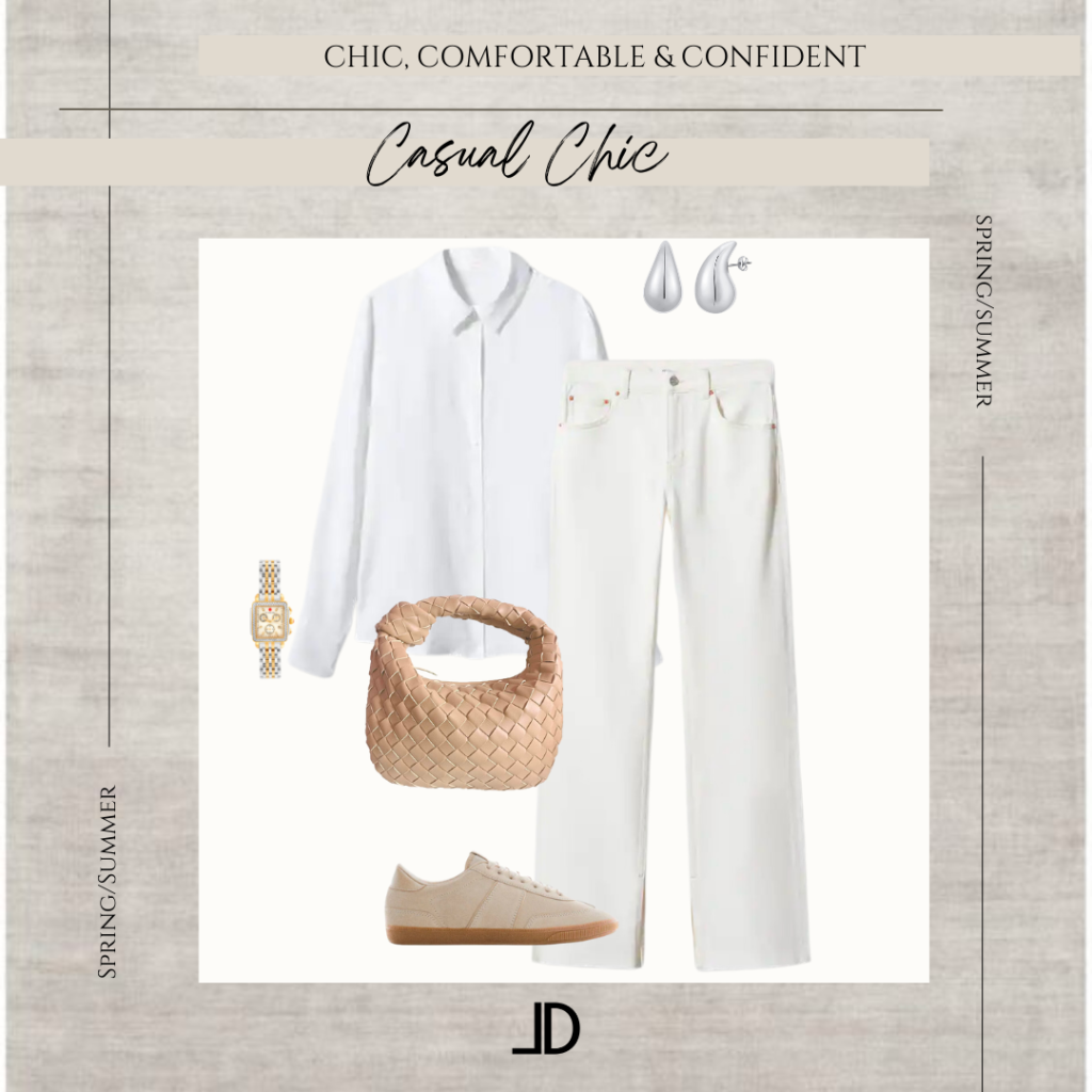 image of a collage of casual chic outfit includes ecru jeans, white linen top, beige sneakers and Bottega knot bag.