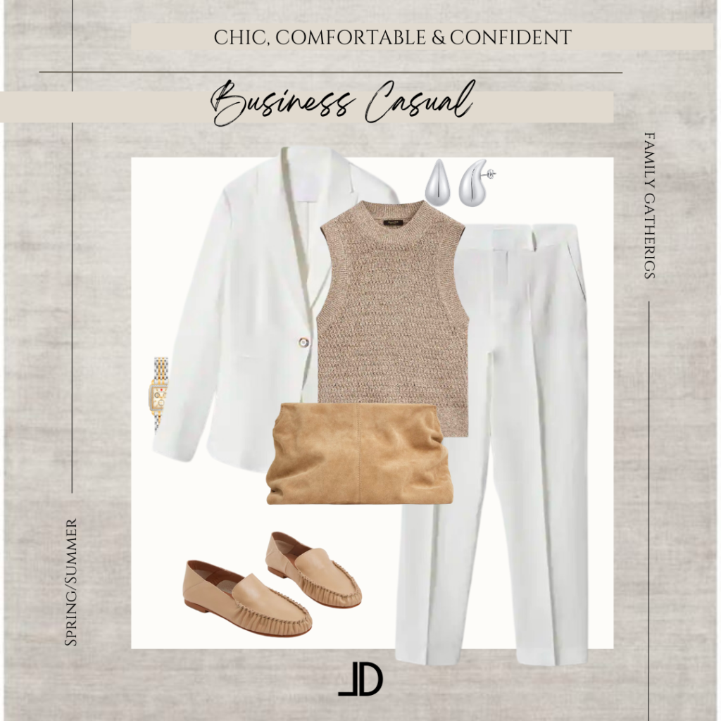 Image of business casual outfit which includes white linen blazer and trousers, beige loafers, bag and tank.