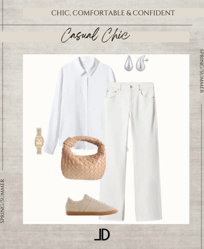 image of a collage of casual chic outfit includes ecru jeans, white linen top, beige sneakers and Bottega knot bag.