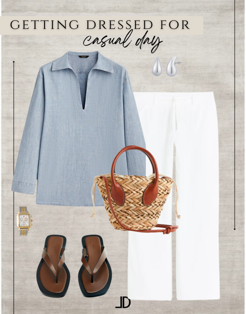 Casual outfit includes linen pants, linen tunic, sandals and straw bag.