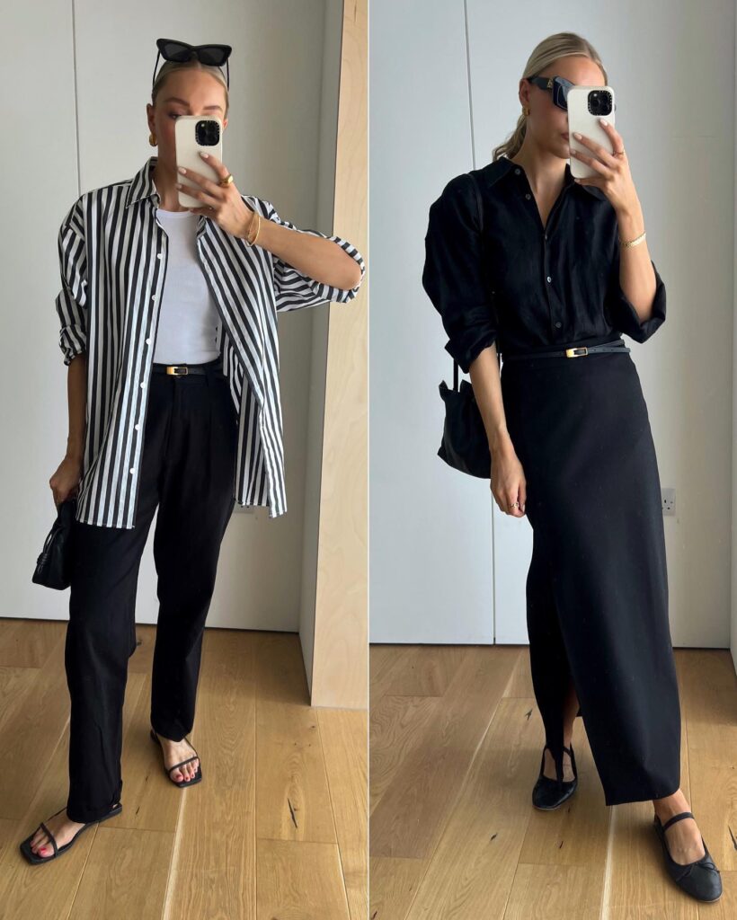 image of lydia tomlinson wearing stripe button down, slacks, black button down, long black maxi skirt.