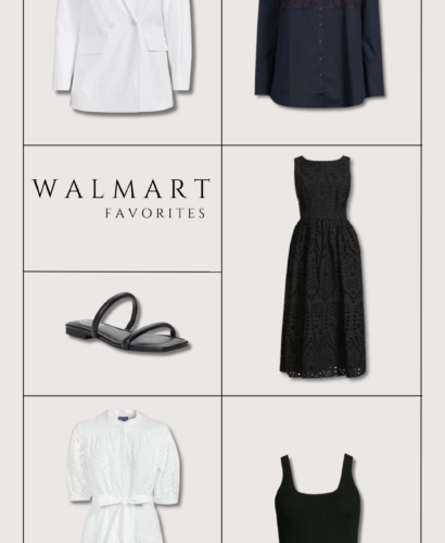 Image a collage of Walmart fashion pieces which include strappy sandals, blazer, tunic, dress and tank.