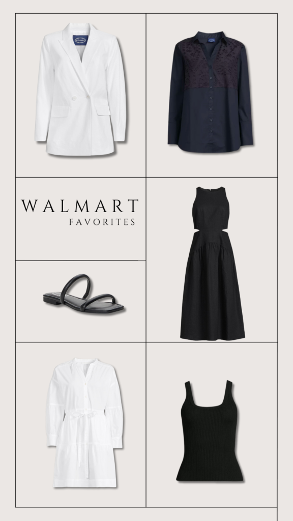 mage a collage of Walmart fashion pieces which include strappy sandals, blazer, tunic, dress and tank.