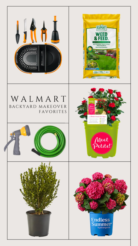 walmarts backyard oasis items include garden tools, hose, sprayer, roses, boxwood, summer hydrangeas and roses