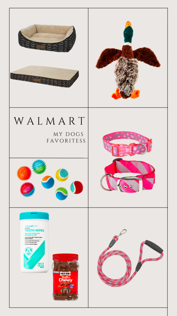 image of Walmarts best treats for pets. dog bed, dog toys, collars, leashes and treats.