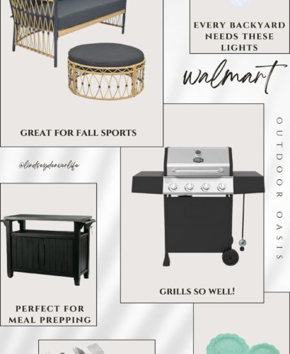 image of Walmart best selling grill, outdoor furniture, hanging lights. dishes and prep station.