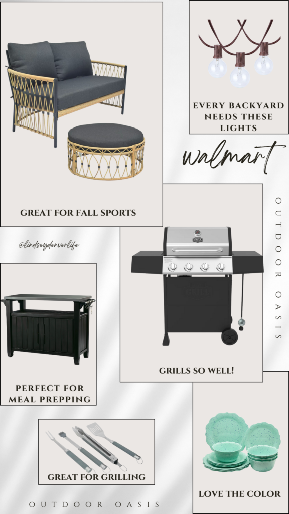 image of Walmart best selling grill, outdoor furniture, hanging lights. dishes and prep station.