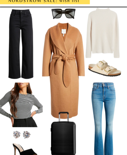 collage of Nordstrom Anniversary Sale picks which include camel coat, Mothers jeans, stripe shirt, Birkenstocks and cashmere funnel sweater.