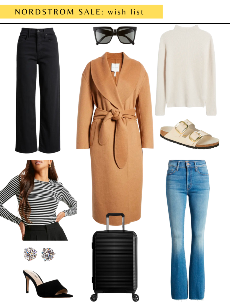 collage of Nordstrom Anniversary Sale picks which include camel coat, Mothers jeans, stripe shirt, Birkenstocks and cashmere funnel sweater.