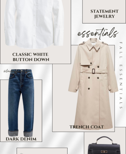 image of trenech coat, jeans, white button up, ballet flats, silver earrings and leather bag.