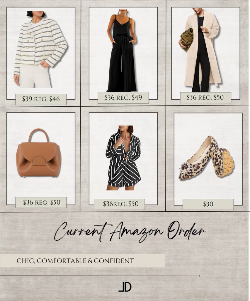 Current Amazon order, blazer, maxi dress, two piece set, coatigan leopard flats, polene over 40 midlife midsize