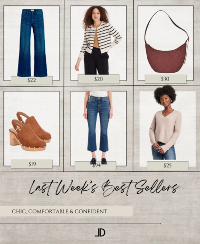 "Flat lay image featuring last week's best-selling fashion items: Time Tru wide leg jeans in a dark wash, a cozy Target stripe cardigan in neutral tones, studded cognac clogs from Walmart, a soft cashmere V-neck sweater from Target in a muted color, a sleek Target crescent crossbody bag, and Nordstrom Daze crop flare jeans in light wash. Each piece offers a chic, comfortable style perfect for busy moms over 40.